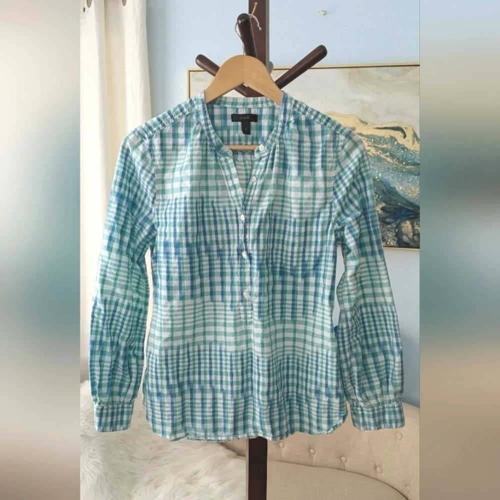 J.Crew Woman's  Gingham Half Button Up  Long Sleeve Size 8